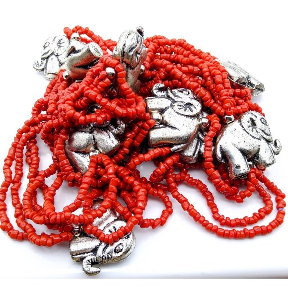 Amazing Elephant Statement Necklace, Vintage Tribal Red Seed Bead Multi Strand - Picture 2 of 3